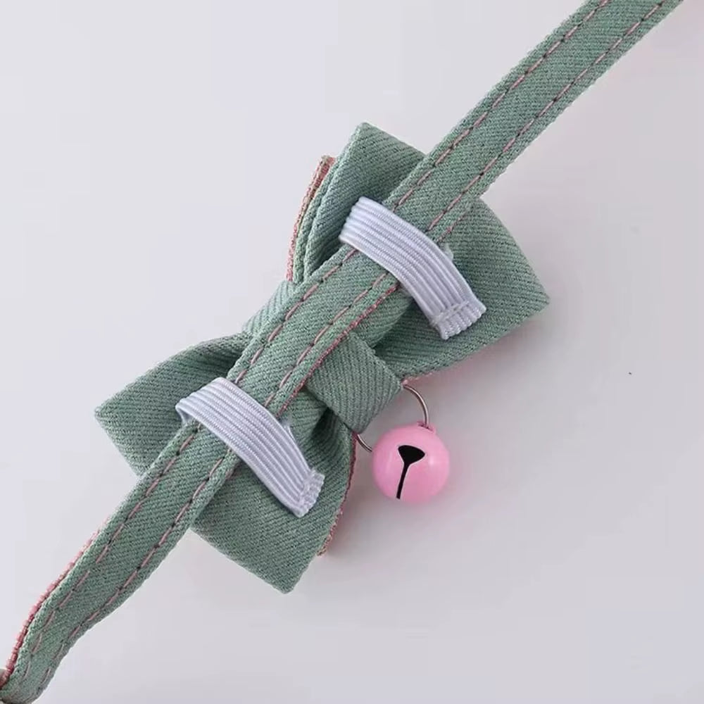 Chic 2PCS Adjustable Bow Pet Collar Set - Trendy Grid Design with Safety Buckle & Elegant Cat Pendant