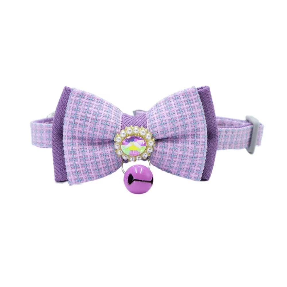 Chic 2PCS Adjustable Bow Pet Collar Set - Trendy Grid Design with Safety Buckle & Elegant Cat Pendant