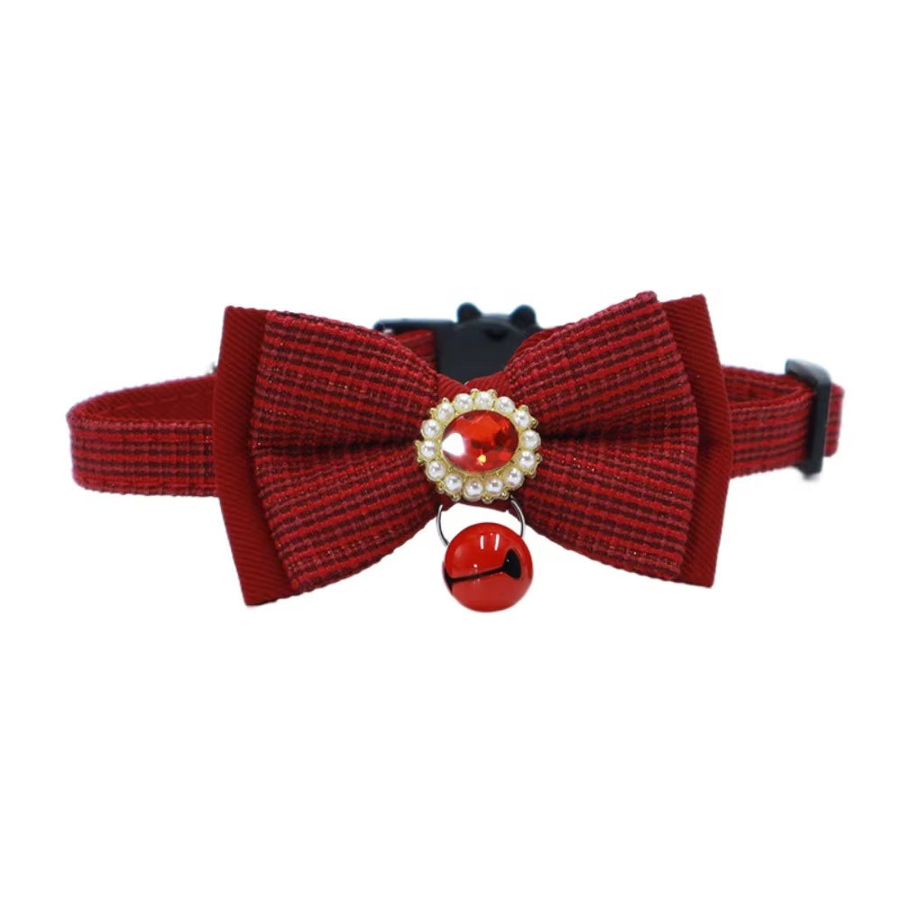 Chic 2PCS Adjustable Bow Pet Collar Set - Trendy Grid Design with Safety Buckle & Elegant Cat Pendant