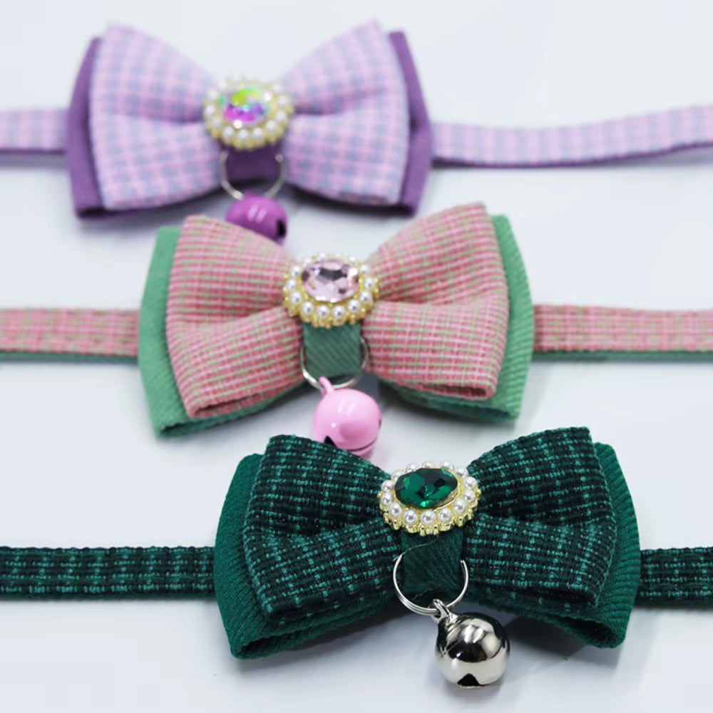 Chic 2PCS Adjustable Bow Pet Collar Set - Trendy Grid Design with Safety Buckle & Elegant Cat Pendant
