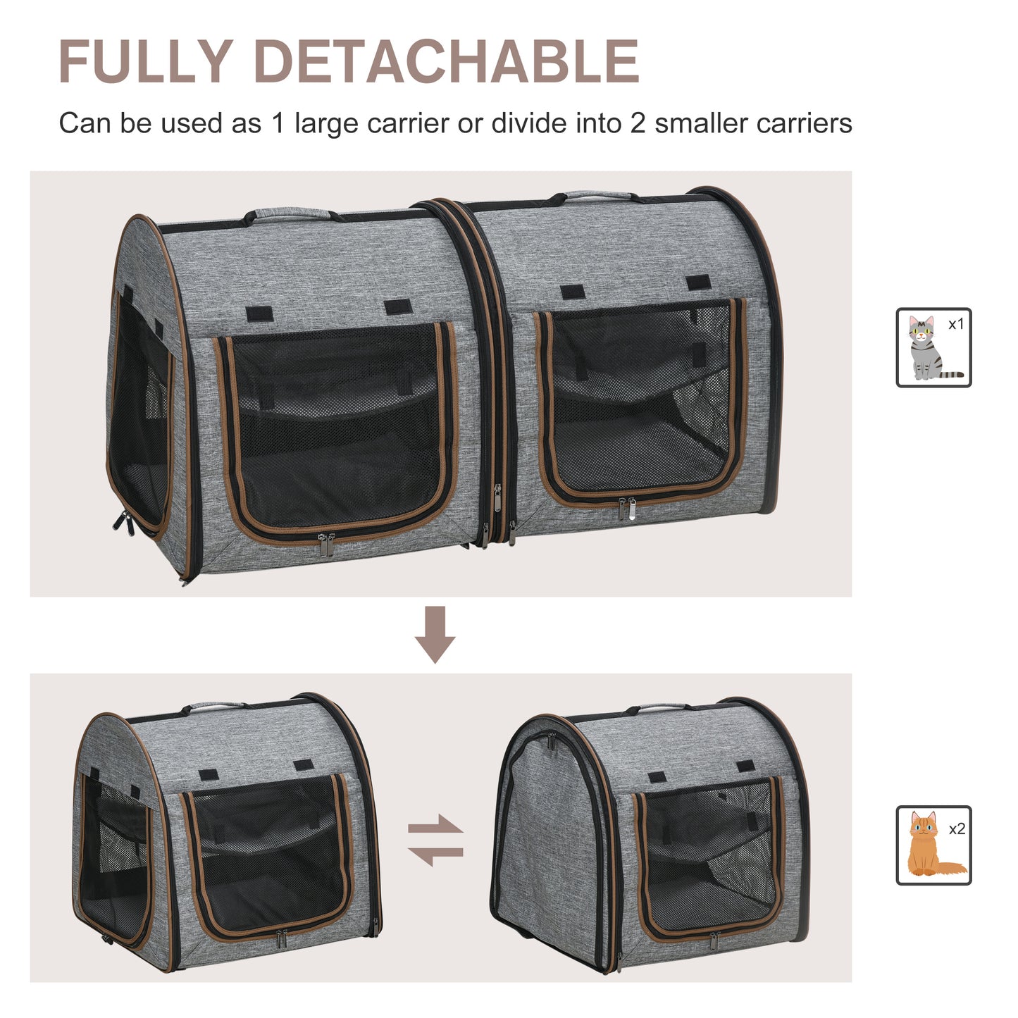 Deluxe Portable Soft-Sided Cat Carrier with Dividers, Dual Compartments, Padded Comfort & Storage Bag - Stylish Grey