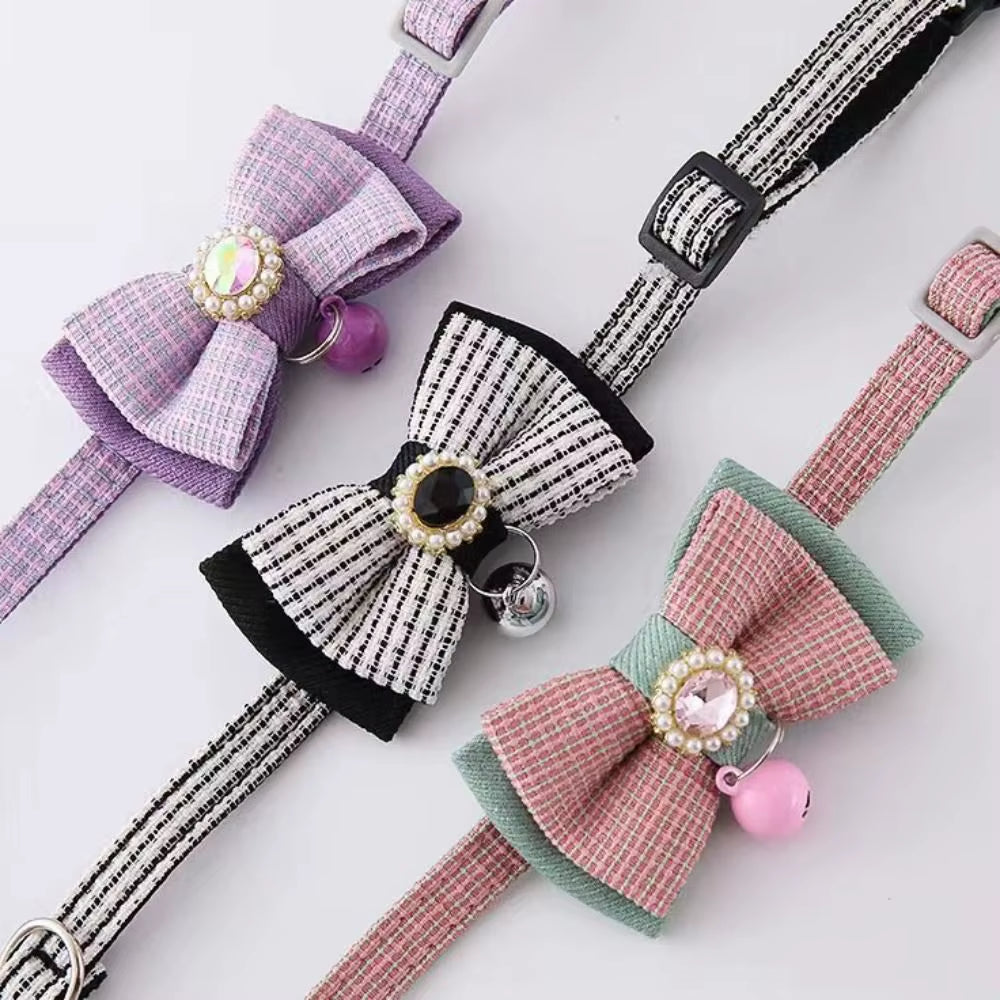 Chic 2PCS Adjustable Bow Pet Collar Set - Trendy Grid Design with Safety Buckle & Elegant Cat Pendant