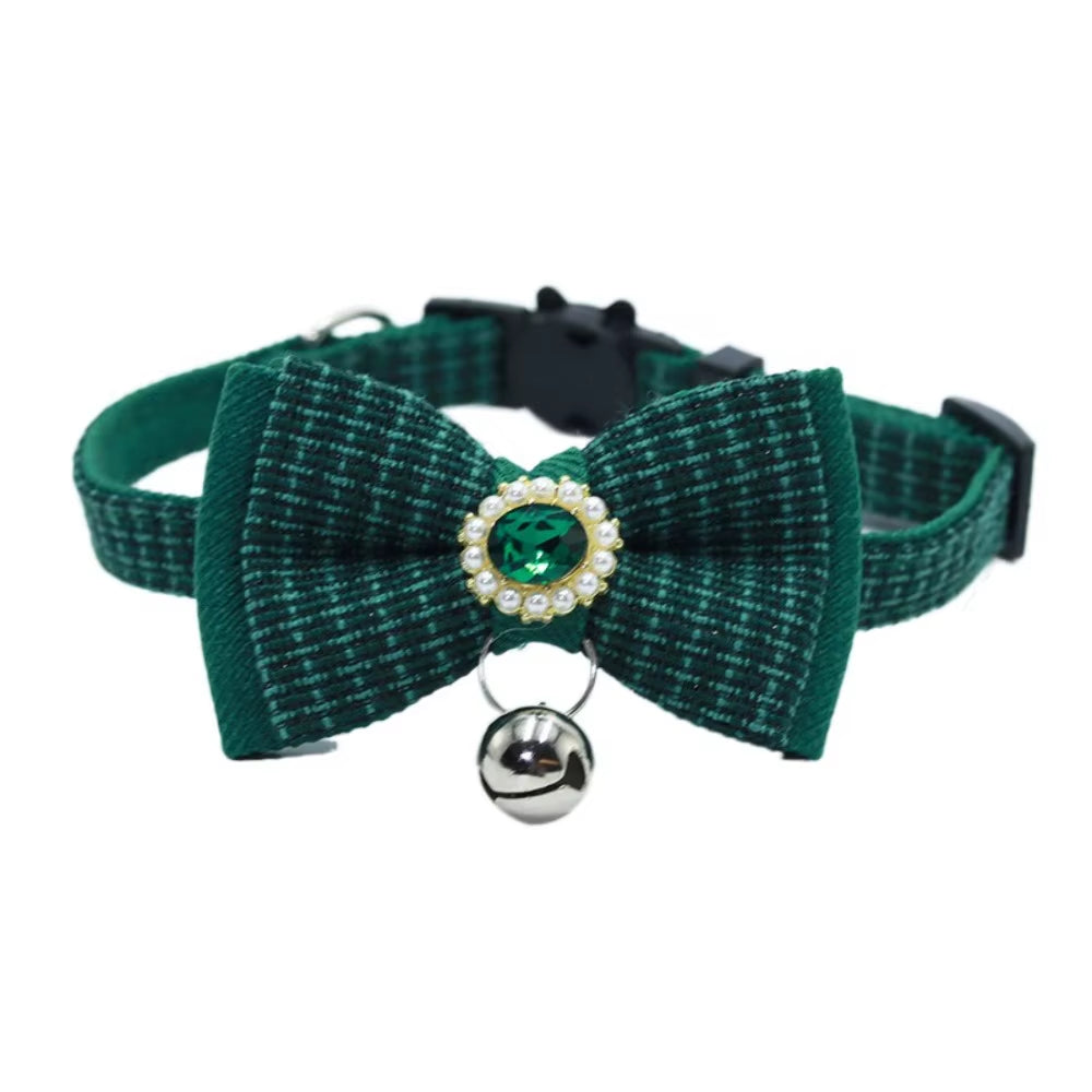Chic 2PCS Adjustable Bow Pet Collar Set - Trendy Grid Design with Safety Buckle & Elegant Cat Pendant