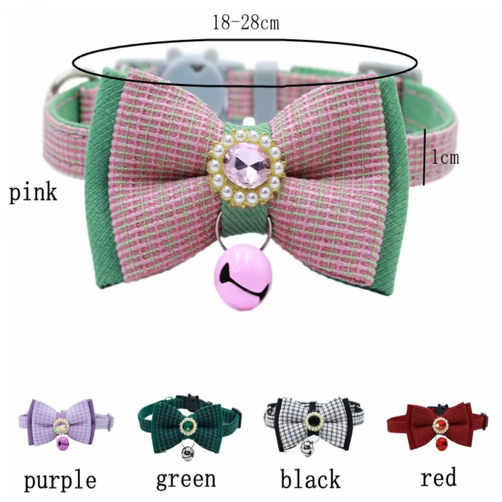 Chic 2PCS Adjustable Bow Pet Collar Set - Trendy Grid Design with Safety Buckle & Elegant Cat Pendant