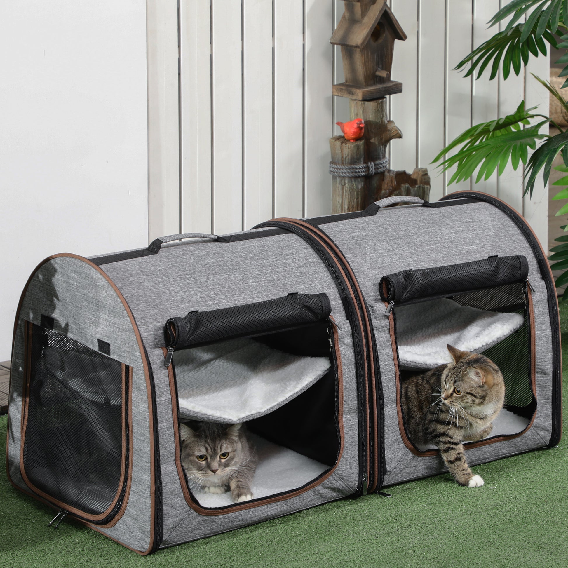 Deluxe Portable Soft-Sided Cat Carrier with Dividers, Dual Compartments, Padded Comfort & Storage Bag - Stylish Grey