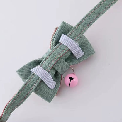 Chic 2PCS Adjustable Bow Pet Collar Set - Trendy Grid Design with Safety Buckle & Elegant Cat Pendant
