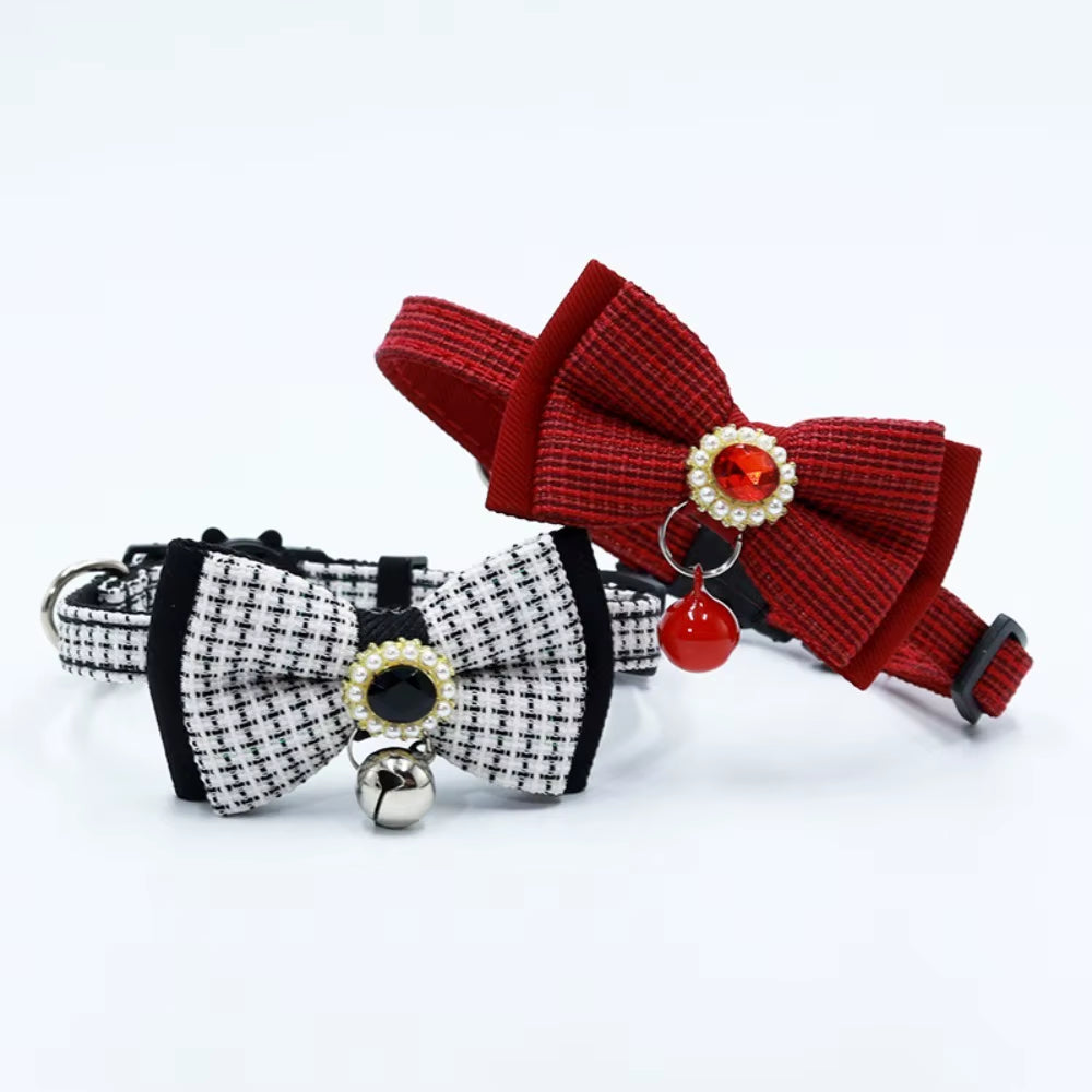 Chic 2PCS Adjustable Bow Pet Collar Set - Trendy Grid Design with Safety Buckle & Elegant Cat Pendant