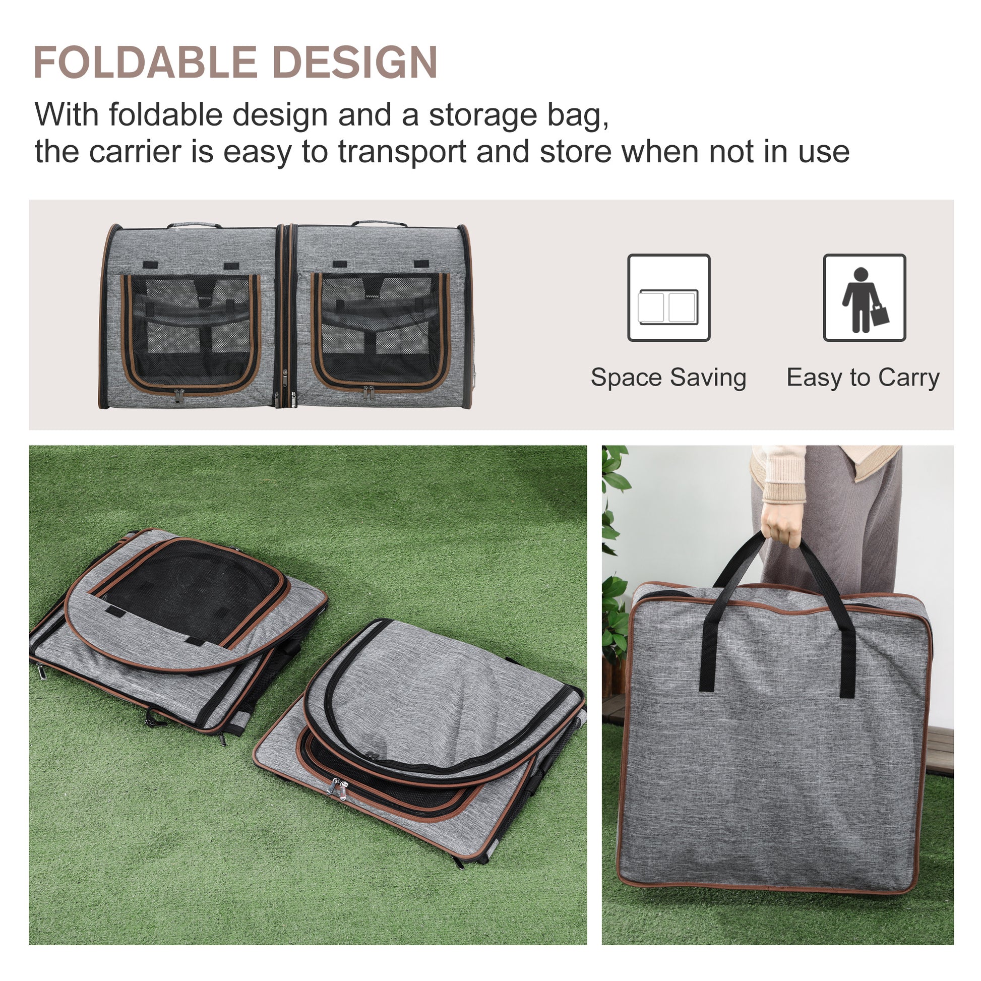 Deluxe Portable Soft-Sided Cat Carrier with Dividers, Dual Compartments, Padded Comfort & Storage Bag - Stylish Grey