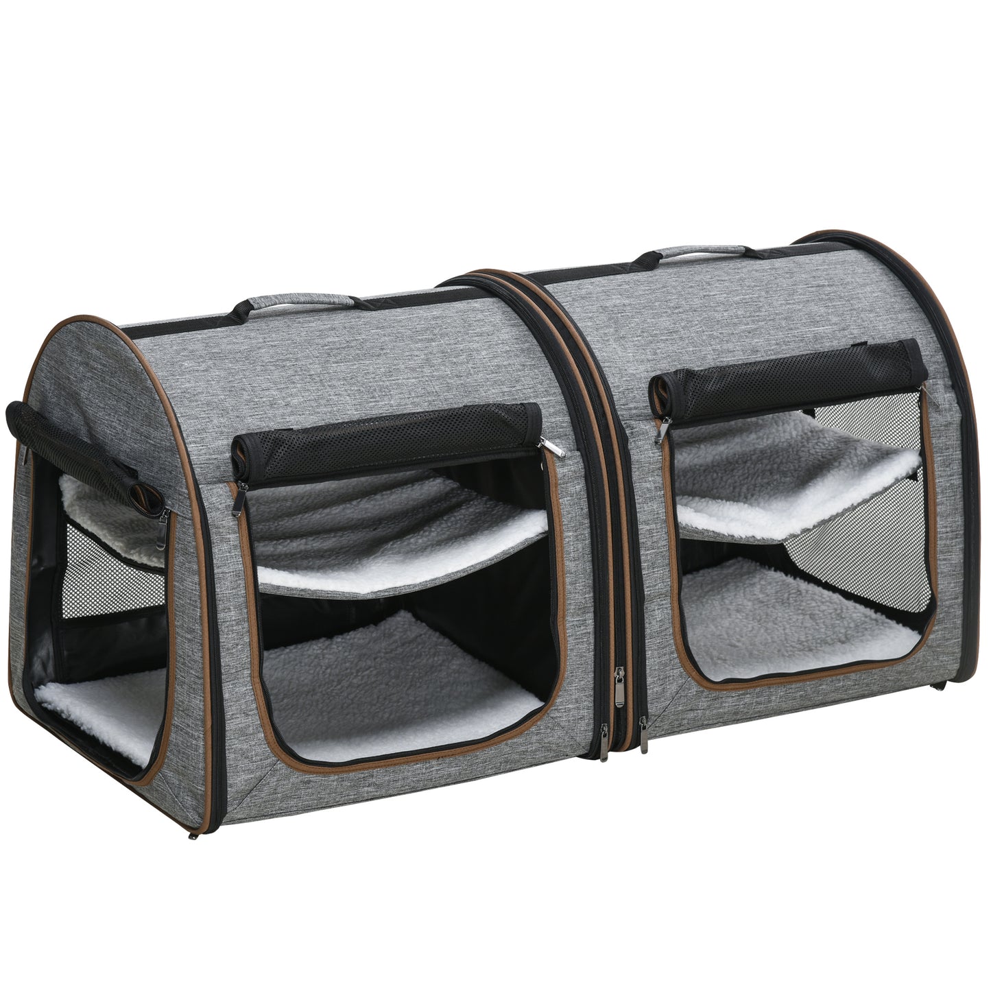 Deluxe Portable Soft-Sided Cat Carrier with Dividers, Dual Compartments, Padded Comfort & Storage Bag - Stylish Grey