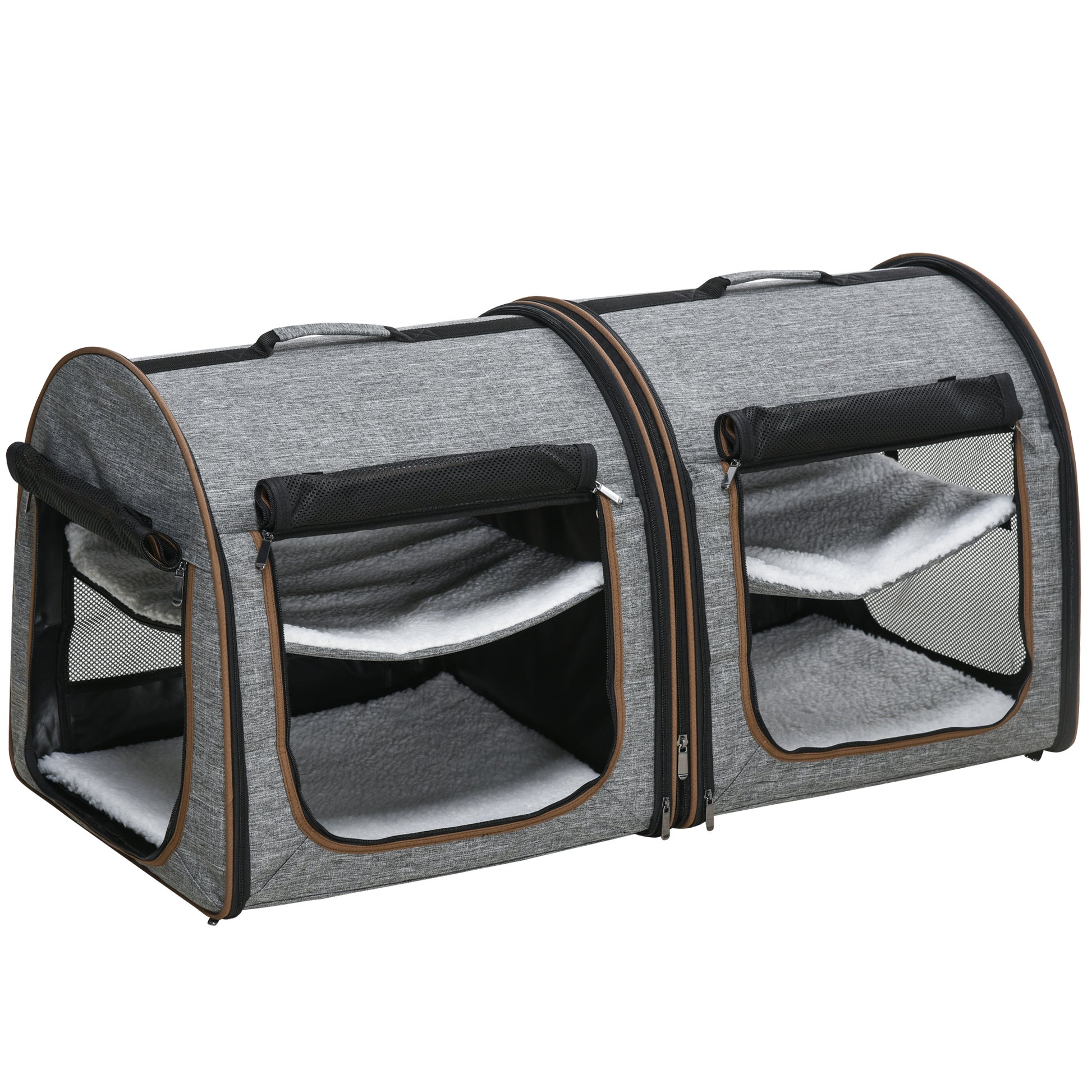 Deluxe Portable Soft-Sided Cat Carrier with Dividers, Dual Compartments, Padded Comfort & Storage Bag - Stylish Grey