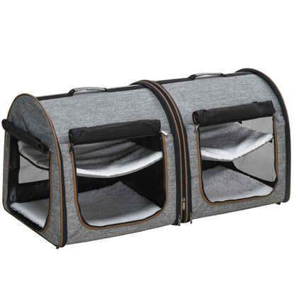 Deluxe Portable Soft-Sided Cat Carrier with Dividers, Dual Compartments, Padded Comfort & Storage Bag - Stylish Grey