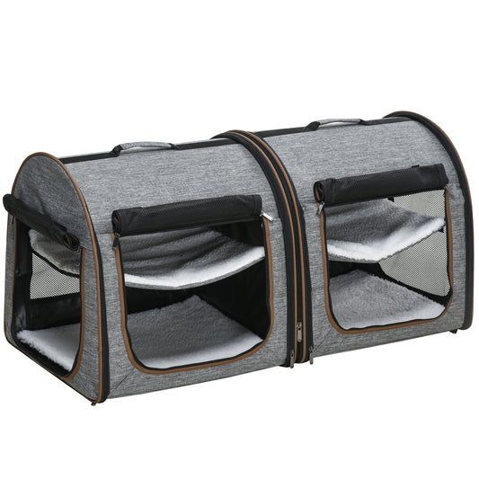 Deluxe Portable Soft-Sided Cat Carrier with Dividers, Dual Compartments, Padded Comfort & Storage Bag - Stylish Grey