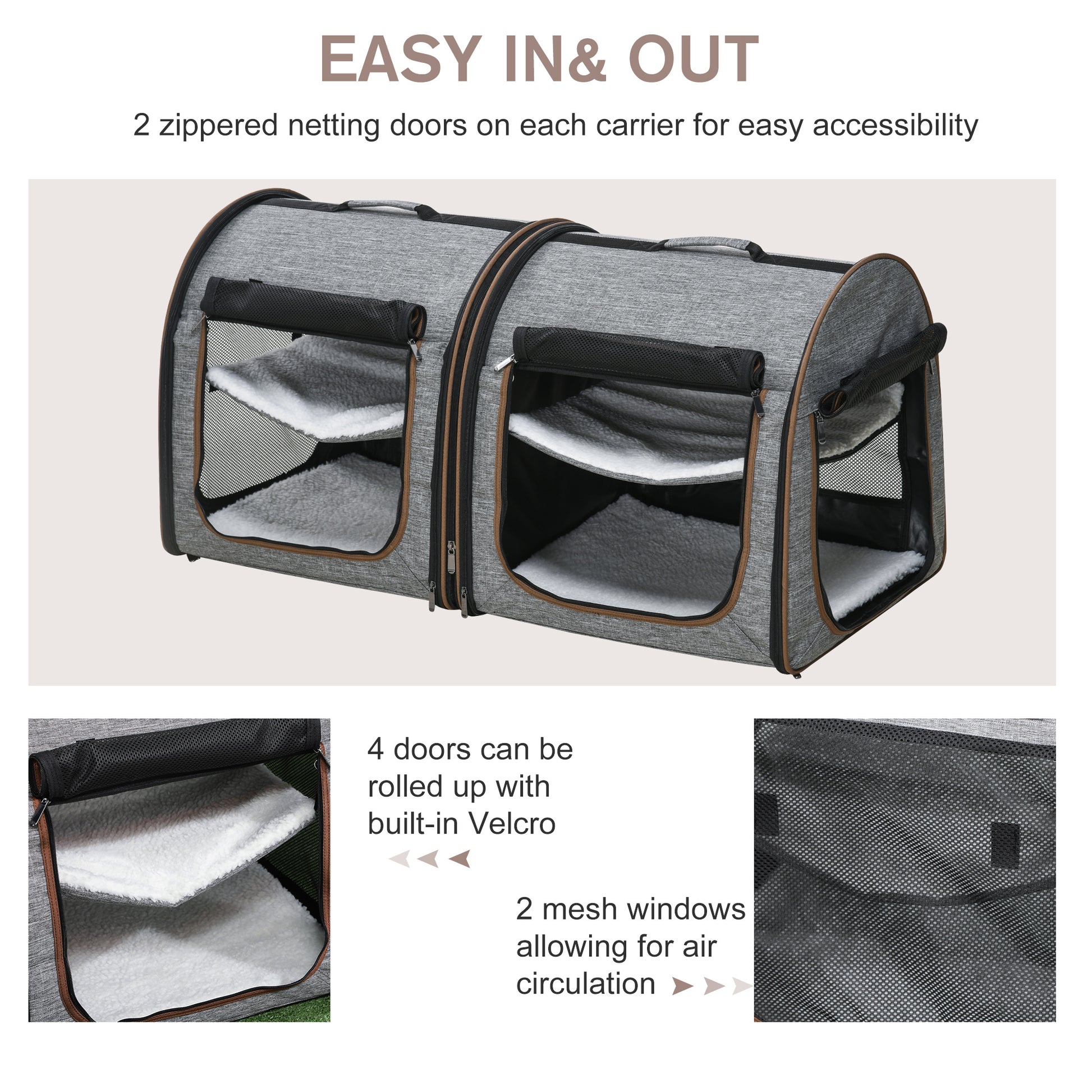 Deluxe Portable Soft-Sided Cat Carrier with Dividers, Dual Compartments, Padded Comfort & Storage Bag - Stylish Grey