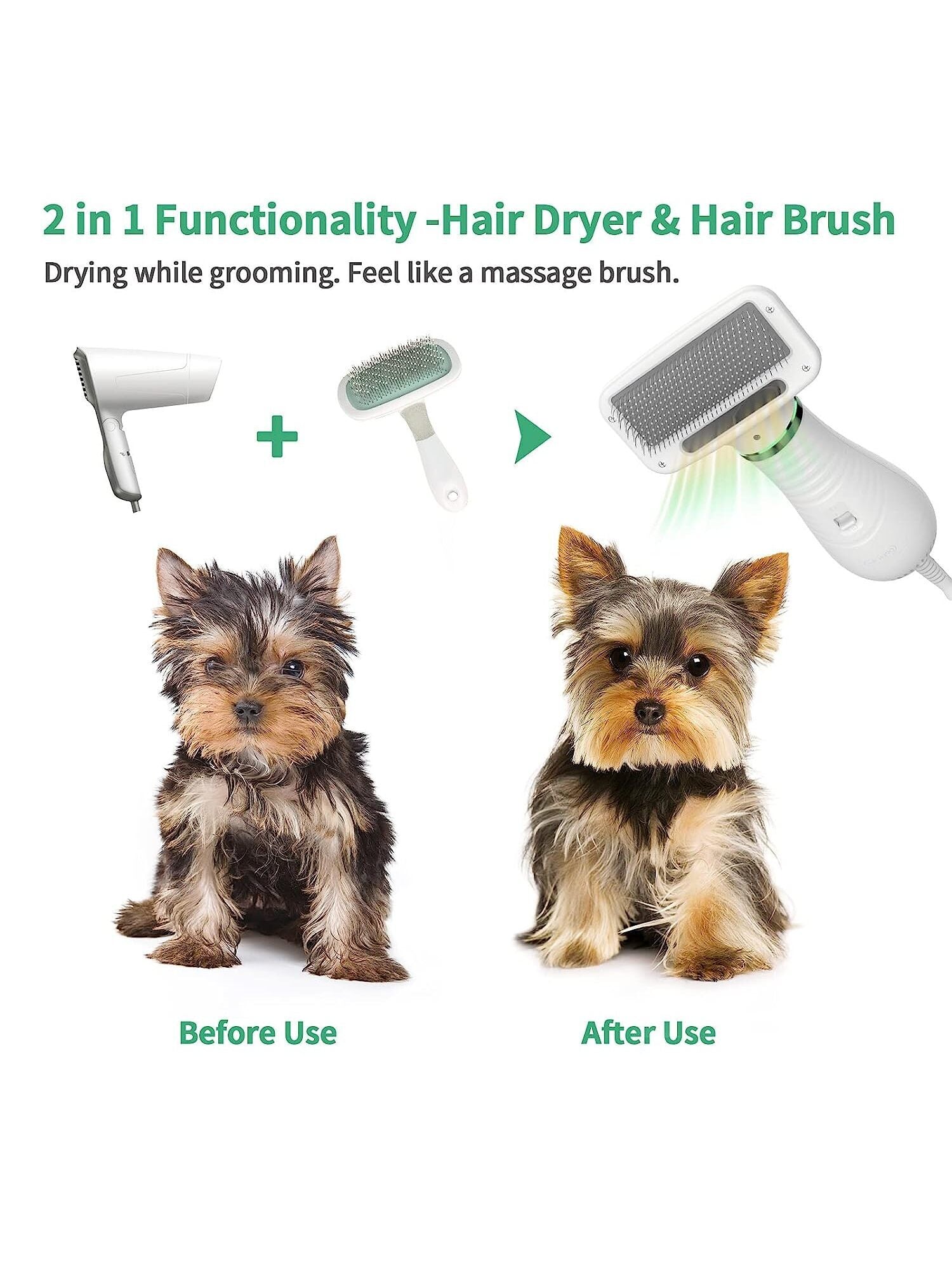 2-in-1 Pet Hair Dryer & Slicker Brush - Adjustable Temperature Grooming Tool for Small & Medium Dogs and Cats - White