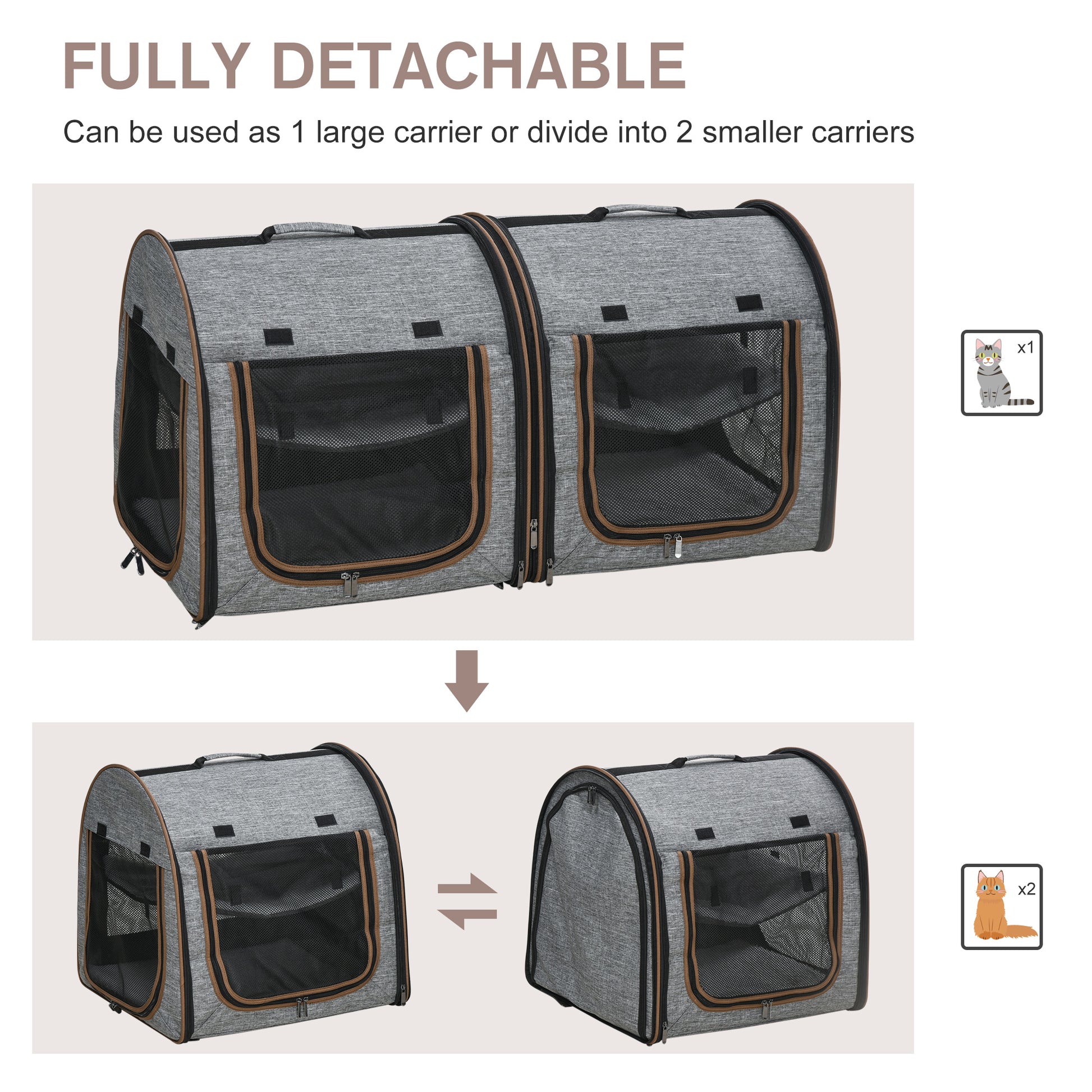 Deluxe Portable Soft-Sided Cat Carrier with Dividers, Dual Compartments, Padded Comfort & Storage Bag - Stylish Grey