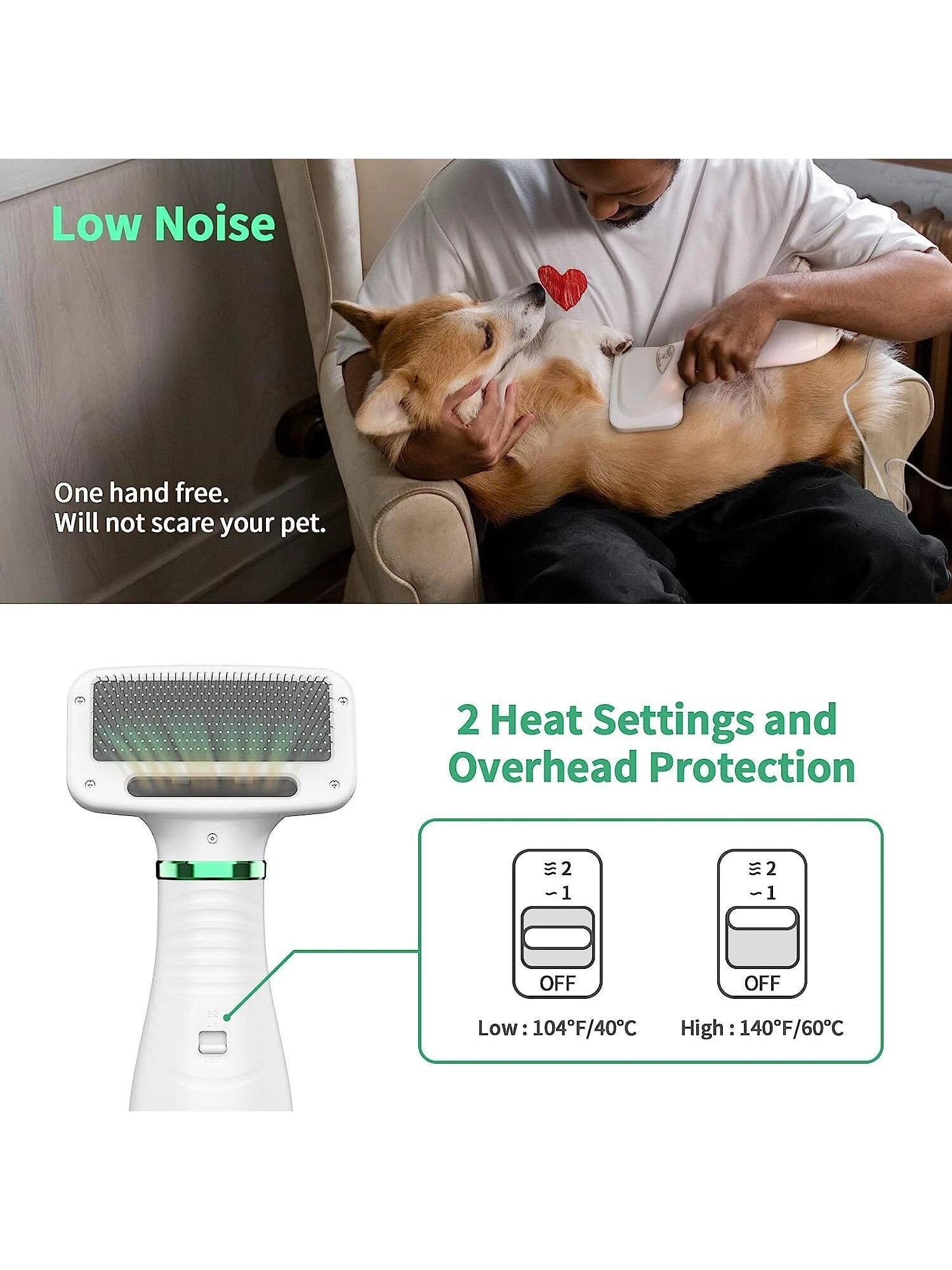 2-in-1 Pet Hair Dryer & Slicker Brush - Adjustable Temperature Grooming Tool for Small & Medium Dogs and Cats - White