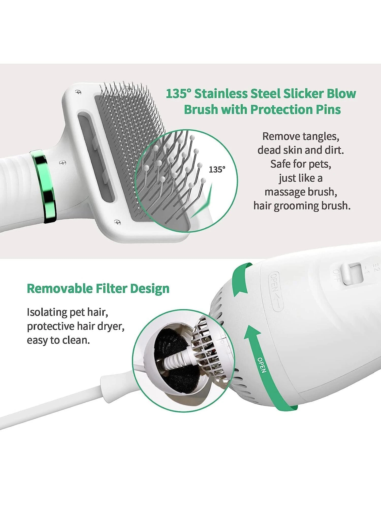 2-in-1 Pet Hair Dryer & Slicker Brush - Adjustable Temperature Grooming Tool for Small & Medium Dogs and Cats - White