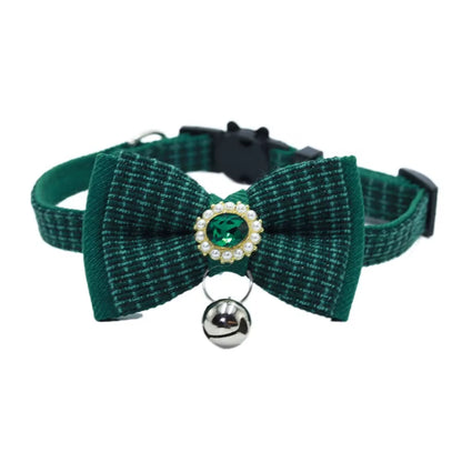 Chic 2PCS Adjustable Bow Pet Collar Set - Trendy Grid Design with Safety Buckle & Elegant Cat Pendant