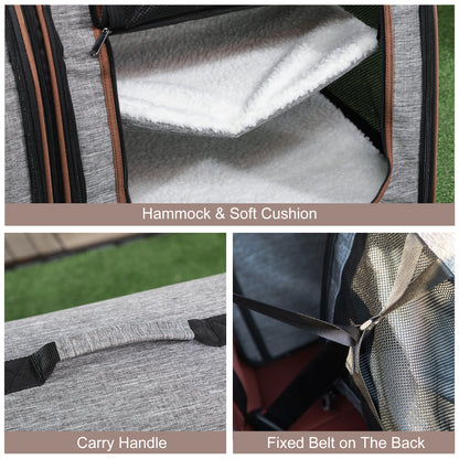 Deluxe Portable Soft-Sided Cat Carrier with Dividers, Dual Compartments, Padded Comfort & Storage Bag - Stylish Grey