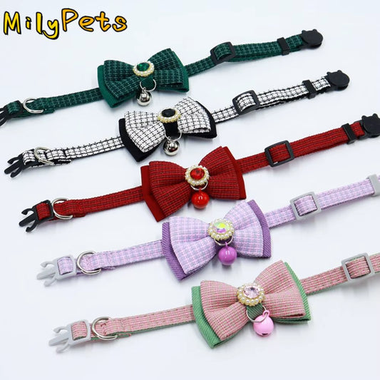 Chic 2PCS Adjustable Bow Pet Collar Set - Trendy Grid Design with Safety Buckle & Elegant Cat Pendant