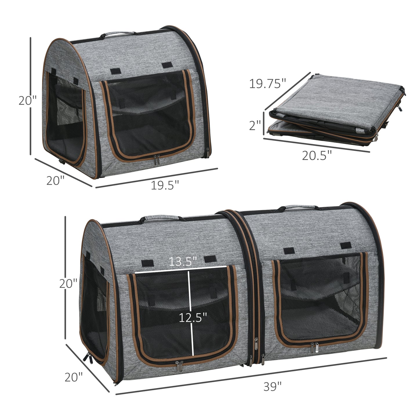 Deluxe Portable Soft-Sided Cat Carrier with Dividers, Dual Compartments, Padded Comfort & Storage Bag - Stylish Grey