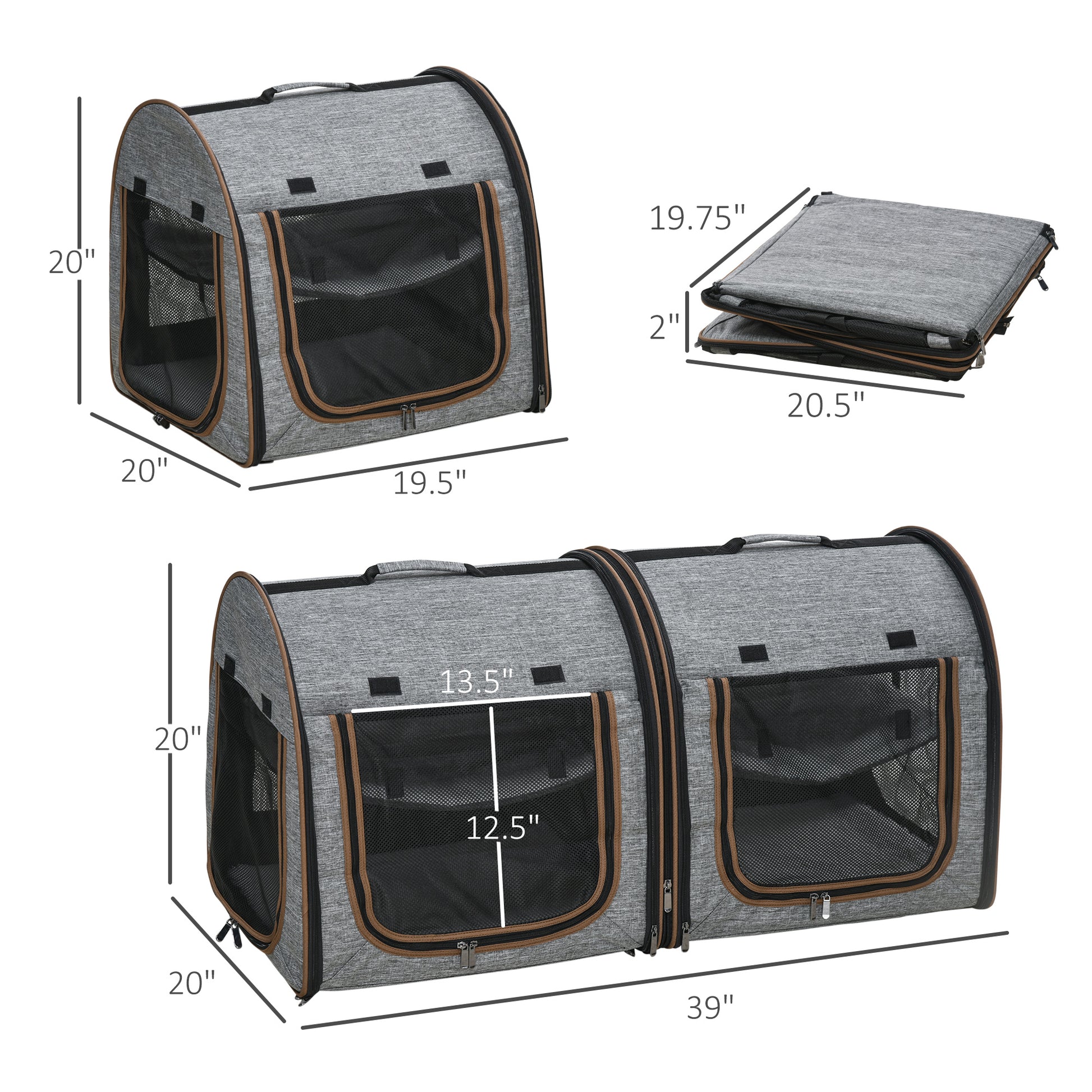 Deluxe Portable Soft-Sided Cat Carrier with Dividers, Dual Compartments, Padded Comfort & Storage Bag - Stylish Grey