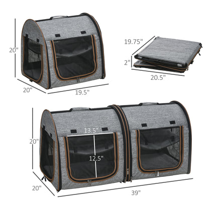 Deluxe Portable Soft-Sided Cat Carrier with Dividers, Dual Compartments, Padded Comfort & Storage Bag - Stylish Grey