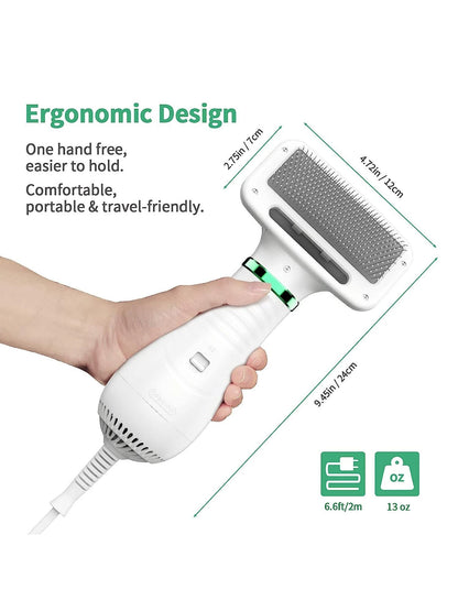 2-in-1 Pet Hair Dryer & Slicker Brush - Adjustable Temperature Grooming Tool for Small & Medium Dogs and Cats - White